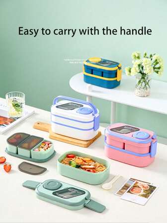 1 pieza La caja de almuerzo tiene compartimentos de doble capa para evitar que los sabores se mezclen. Tiene un compartimento de almacenamiento independiente para la vajilla con un asa incorporada. La caja de almuerzo se puede usar en un horno microondas. Es una caja bento separable y portátil para trabajadores de oficina. Es una caja de almuerzo para estudiantes y trabajadores de oficina. Es una caja de almuerzo sellada y de conservación fresca hecha de PP y tiene una gran capacidad para frutas