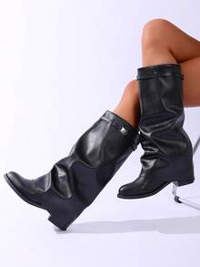 1 Pair Foldover Pleated Boots, Fashion Buckle Flat Comfortable Solid Color Western Style Casual Faux Leather Strap Over-The-Knee Mid-Calf Boots, Suitable For Holidays And Parties, Autumn/Winter - Black - View 4