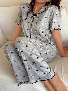 两件套女士针织浅灰色V领蝴蝶结装饰印花短前长后长设计牛奶丝面料短袖上衣和裤子睡衣套装，撞色滚边，休闲风格，简约舒适套装 - 淺灰色 - 查看 3