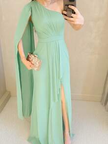 Women's Long Party Dress, One Shoulder With Elegant Slit, One Size M (Fits Sizes 38 To 42) Simple, Elegant Party Dress, Perfect For Beach, Weddings, Bridesmaids, And Graduations. - 薄荷綠 - 查看 3