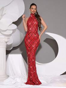 新款女士奢华闪亮亮片钻石拼接透视网纱长裙高领无袖显瘦包臀性感露背长拖尾伴娘礼服婚礼圣诞节节日晚宴女士正式宴会礼服 - 紅色 - 查看 2