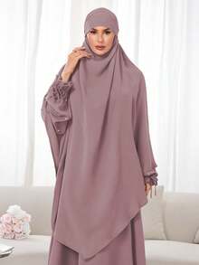 مجموعة حجاب + عباية مسلمة 2 قطعة، قماش نيدا أحادي اللون، لطيف على البشرة وقابل للتنفس، خمار طويل مزدوج الطبقة، مناسب للنساء المسلمات للارتداء اليومي والصلاة، جميع الفصول