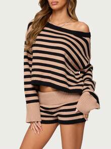 Women's Striped Knit Shorts, Versatile Slim-Fit Striped Shorts For Women - Màu be - Xem 3