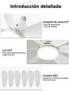 2 piezas 60W Lámpara de ventilador,Luz de ventilador,Ventilador de 3 Velocidades Ajustable a 3 Tonos De Luz Con Lámpara LED Socket Universal Alto Flujo de Aire Diseño Ergonómico para Combatir el Calor Refrescante Luces Brillantes Cálida, Neutral y Fría con 6 Aspas Duraderas Material Resistente. - 60W (2 piezas) - Ver 10