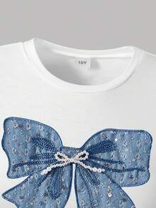 少女字母印花短袖上衣和牛仔裙套装 - 白色 - 查看 3