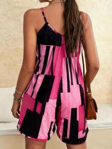 Mono sin mangas con estampado geométrico para mujer, adecuado para vacaciones y uso diario, verano - Rosa - Ver 7
