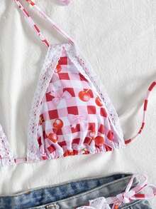 可爱波西米亚风女士比基尼套装，挂脖格纹樱桃印花系带丁字露背泳衣，流苏边饰，高弹力 - 彩色 - 查看 6