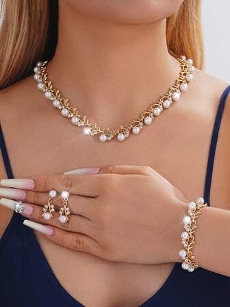 3件套复古奢华仿珍珠水钻女士首饰套装 - 项链、耳环、手链，适合婚礼、派对、庆典、节日礼物