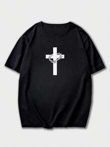 K-GLORY 男士休闲百搭简约英文标语十字印花短袖T恤 - 黑色 - 查看 5