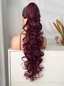 28英寸长酒红色爪形马尾接发，自然波浪，耐热合成马尾假发，适合女孩和女士日常佩戴及派对场合。 - 酒紅色 - 查看 9
