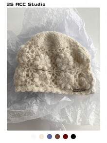 女士花卉头带帽，秋冬新款百搭修脸保暖针织帽，手工钩编花朵甜美复古舒适毛绒拉绒针织帽 - 彩色 - 查看 10