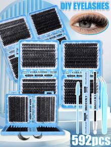 40/592/576 片装，高容量假睫毛簇嫁接套装 DIY 睫毛嫁接套装，D 型卷翘，10D+20D+30D+40D+50D+60D+80D+100D+120D+150D，10-16mm 浓密柔软假睫毛，3D 自然防水簇状假睫毛，眼尾嫁接，放大双眼，亲肤材质，睫毛套装包含睫毛胶水。