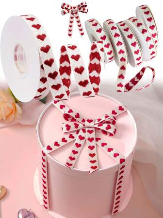 20/10 Yard Beige Heart-Shaped Ribbon Rolls With Red Hearts - Jacquard Weaving, Handicrafts, Gift Wrapping, Valentine's Day Decorations, Polyester Material, No Electricity Required, Gift Wrapping Ribbons - Elegant Ribbon Design