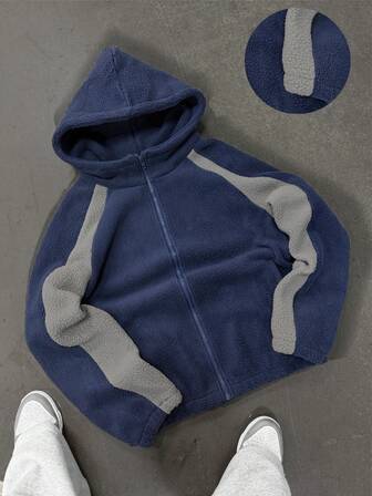 男士夹克连帽衫运动衫外套，翻领口袋拼色毛绒冬季学院风优雅休闲装