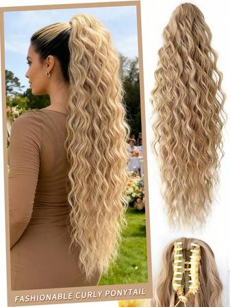 Claw Ponytail Extension Blonde 28 Inch Long Water Wave Hair Heat-Resistant Fiber Synthetic Ponytail Suitable For Daily Use By Women And Girls At Parties