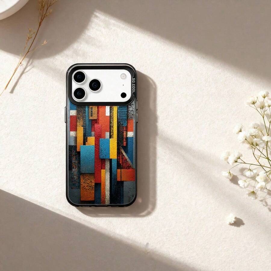 Abstract Geometric Pattern Phone Case Protective Cover Cute Design Gift for Women Trendy Aesthetic Multi Color for 17 17Pro 17Air 17ProMax 16 15 14 13 12 Pro Pro Max Plus SAMS22 23 24 25 Plus ULTRA - Negro - Ver 1