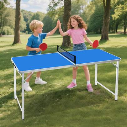 Foldable Portable Ping Pong Table Indoor Outdoor Christmas Family Game Premium Aluminum Alloy With Net Bats Balls Quick Setup Stable Fold-And-Go Table Tennis Table Blue Silver