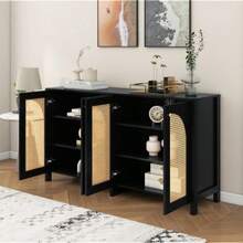 Modern Sideboard In Minimalist Style 4-Rattantür, Metallgriff Einfaches Buffetschrank Für Esszimmer, Wohnzimmer, Küche (Schwarz) - Black - View 4
