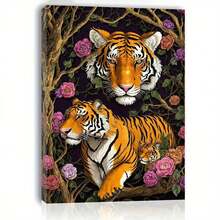 Arte de pared de lienzo de tigre con marco de madera - Elegantes impresiones florales y de tigre, adecuado para decoración del hogar y oficina, decoración de pared para despedida de soltera, idea única, listo para colgar, decoración del hogar, aportando un tipo diferente de diversión a tu hogar. - Multicolor - Ver 2
