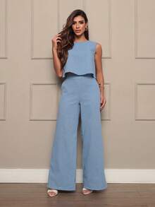 Stylish Women's Linen Pants And Blouse Set - Neblina azul - Ver 5