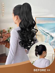 Extensiones de cabello con cola de caballo de 24 pulgadas, onduladas y naturales, de fibra sintética suave y natural resistente al calor, adecuadas para uso diario de mujeres, en colores variados - Negro - Ver 4