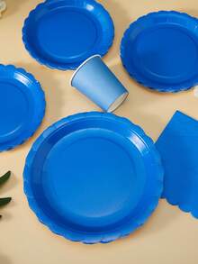 100/75/25/10 piezas Platos desechables con forma de pétalo azul real, servilletas, vasos, suministros para fiestas, adecuados para 25 invitados, platos de papel desechables vajilla para fiestas de cumpleaños, bodas, fiestas, picnics familiares - azul real - Ver 5