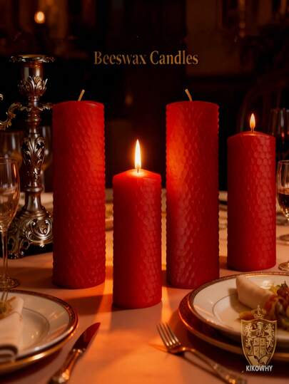 4pcs Pure Beeswax Pillar Candles, Handmade Honeycomb Candles - Christmas & Advent, Smokeless With Honey Fragrance, Suitable For Church, Home Decor, 4 Red Candle Set, KIKOWHY Brand
