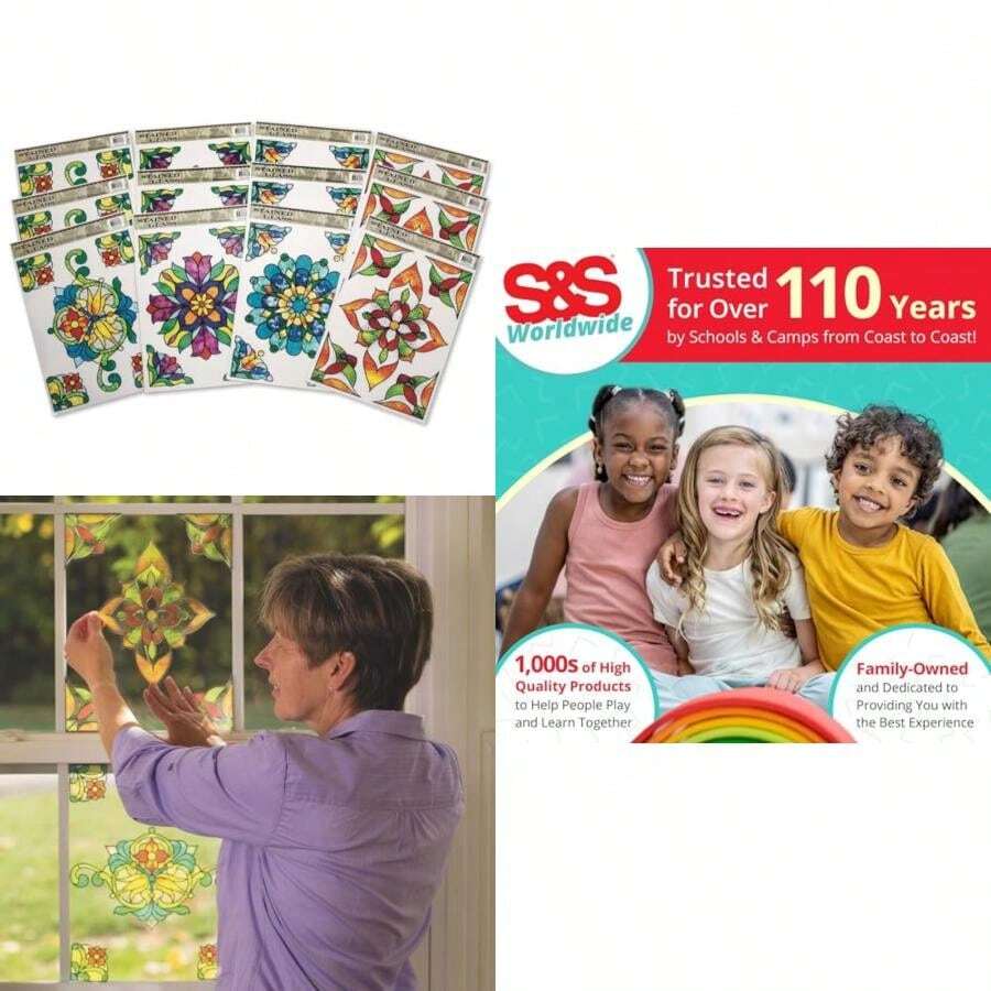 S&S Worldwide Se adhiere a vidrieras reposicionables y reutilizables: añade belleza a cualquier ventana o habitación con 11-3/4 pulgadas x 7-7/8a sin adhesivos, decoraciones estáticas, 4 diseños coloridos. Paquete de 12(default) - Multicolor - Ver 1