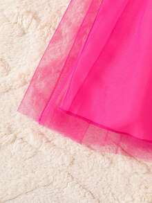 Valentine's Day Heart & Letter Print Mesh Patchwork Dress With Belt For Young Girls - Hot Pink - View 5