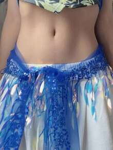 Women's Belly Dance Hip Scarf With Iridescent Sequin Fringe & Tulle Gold-Embossed Decor, Performance & Practice Accessory (Multi-Colors Available) - Multicolor - View 18