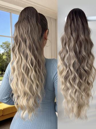 Klohästsvansförlängning Ombre Silver Svart Brun 24 tum Lång Vattenvågigt Hår Värmebeständig Fiber Syntetisk Hästsvans Lämplig För Dagligt Använd Av Kvinnor Och Flickor På Fester