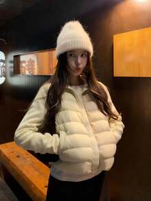 韩式针织拼接立领纽扣绗缝外套，秋冬季保暖 - 杏色 - 查看 3