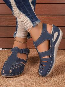 女士坡跟凉鞋，厚底，性感镂空，新款中跟包头凉鞋 - 藏蓝色 - 查看 5