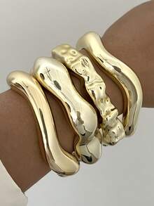 Set Gelang Bangle Minimalis Vintage 3/1 buah dari Bahan Akrilik & Resin Bergelombang, Cocok untuk Pemakaian Sehari-hari Wanita, Dapat Ditumpuk, Pilihan Hadiah Sempurna untuk Liburan - Emas 3 - View 2