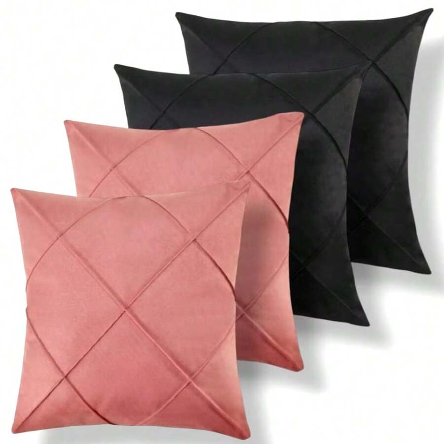 Set Of 4 And 2 Draped Suede Cushion Covers 44x44cm Decoration - Pink/Black - View 1
