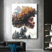 1 Pieza de Arte de Pared de Mujer Africana Bohemia y Retrato Africano en Marco - Tonos de Tierra Marrón/Beige/Negro/Blanco//Verde/Azul/Rojo/Naranja - Pintura en Lienzo Envuelta con Marco de Madera - Decoración Cultural Africana para Sala de Estar, Dormitorio, Oficina, Cocina, Baño - Impresión de Arte Africano Moderno Vintage Listo para Colgar - Decoración Interior/Exterior - Paisaje Africano con Árboles y Montañas - Inauguración de Casa, 2D Plano, Decoración de Habitación - Multicolor - Ver 6