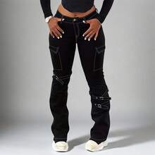 Plus-Size Women's Black High-Waisted Flared Jeans, Dark And Street-Style Pockets, Cargo Zipper And Button Details, Slim-Fit And Flattering. - 黑色 - 查看 1