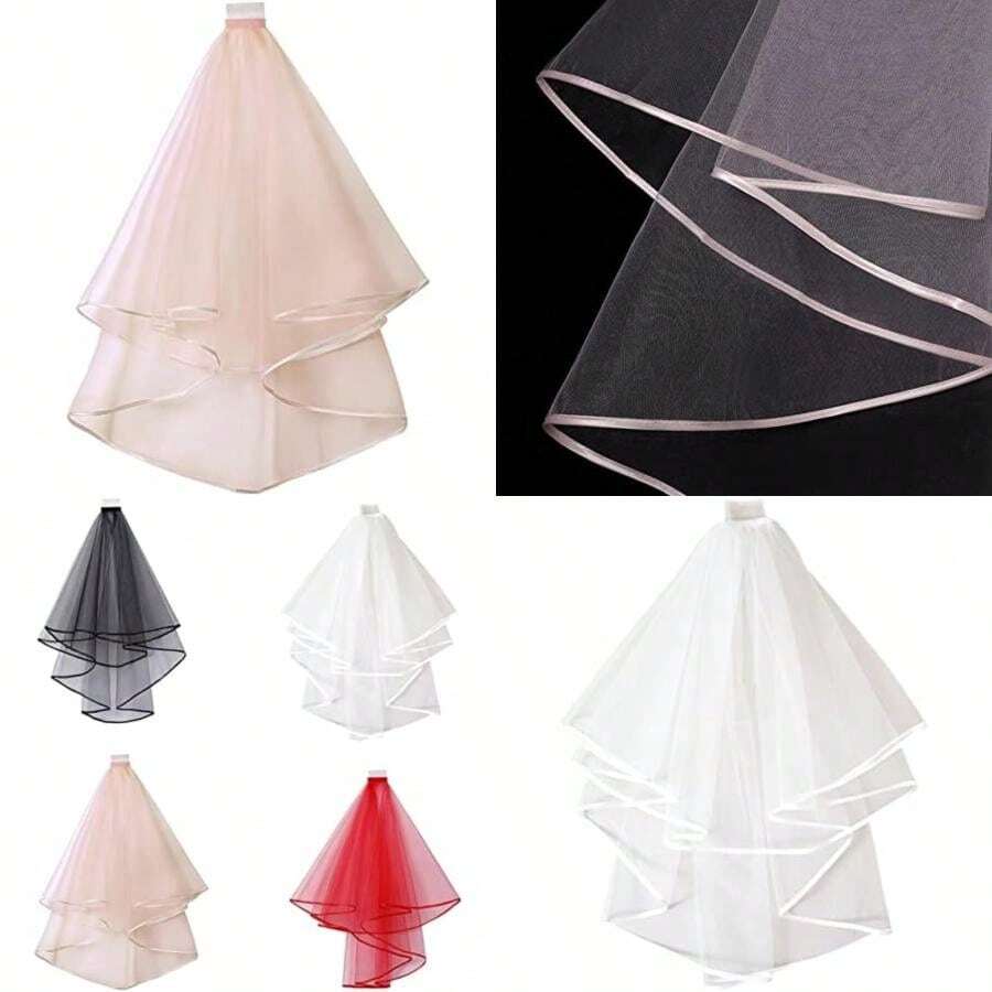 Veil Double Mesh Tulle Ribbon Edge Women Short Wedding Veil With Comb Bride Headpiece, 60x80cm, Pink(Default) - Nhiều màu - Xem 1