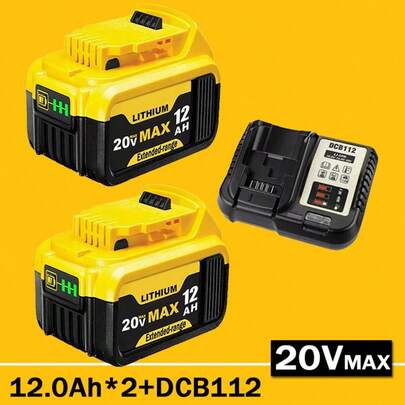 DCB206 Replacement For Dewalt 20V MAX Battery 2 Pack 12.0Ah And DCB112 Charger Combo Compatible With Dewalt 20V Battery Lithium DCB207 DCB204 DCB200 DCB201 DCB203 Series Power Tool (Yellow)