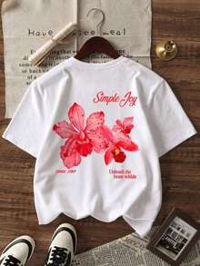 Women's Colorful Letter And Floral Print Crew Neck T-Shirt, Fashionable And Versatile Graphic Tee, Vacation Style For Women - trắng - Xem 3