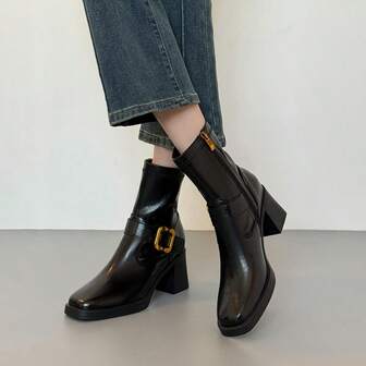 Botas cortas versátiles de tacón grueso y punta cuadrada con cremallera lateral, botas para mujer