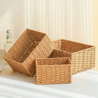 1 cái/3 cái Giỏ đựng đồ bằng mây giả, dây giấy, hộp đựng, kệ, ngăn kéo, đồ dùng phòng tắm, hộp đựng khăn mỹ phẩm