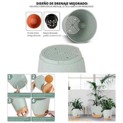 Ukipos Macetas de Plstico para Plantas de Interior y Exterior, Macetas de riego automtico de 9/8/5 Pulgadas con Agujero de Drenaje, Macetas para Suculentas, Plantas y Flores 3, Verde