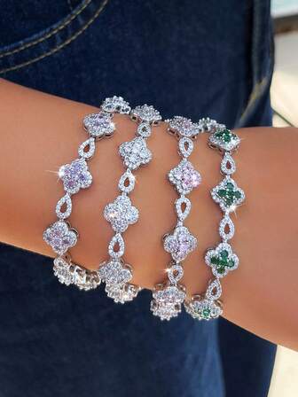 1pc Bling Bling Cubic Zirconia Micro Paved Flower Leaf CZ Tennis Bracelet, Wedding Silver Plated Jewelry For Women Brides Bridesmaids Engagement Banquet Pageant Party Prom Bridal Accessories Gift