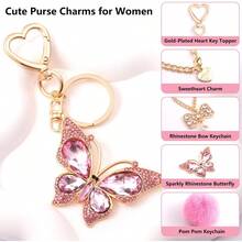 2 Pack Cute Keychains For Women: Rhinestone Butterfly Pom Pom And Bow Bag Charms - Purse Accessories Fits Bogg Bags - 粉色 - 查看 2