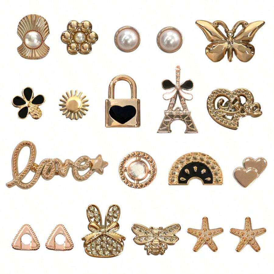 20pcs Hole Shoes Accessories DIY Decorative Shoe Charms, Cute Butterfly & Heart Detachable Shoe Clips For Clogs, Sandals, Gift For Girls, Women's Day, Birthday - Gold - View 1