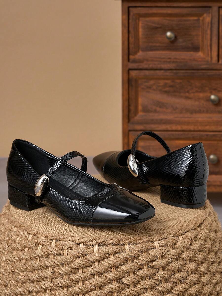 Zapatos de tacón de bloque con puntera de patente y textura Mary Jane - Negro - Ver 1