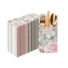 PAW - Linen Feel Napkins With Built-In Flatware Pocket, Airlaid Paper Pre-Folded Napkins For Silverware, Wedding Party, Dinner, Birthday, Gatherings, Floral Roses Design, 50 Count,Flatwpkins,GorgeousRoses - GorgeousRoses - View 2