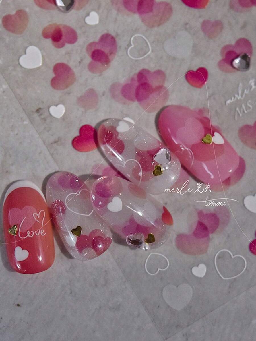 5D Embossed Sweet & Playful Heart 3D Nail Stickers, Macaron Pink Mini Heart Shiny Rhinestone 3D Self-Adhesive Reusable Nail Decals, Exquisite Nail Art Supplies, Essential For Nail Artists, Cute DIY Nail Decoration For Daily Use And Gifts, 1 Piece