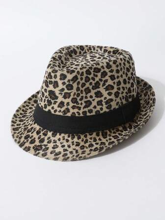 1 pieza Sombrero de fieltro con estampado de leopardo y decoración de cinturón de tela negra para mujer, sombrero mini único para actuaciones y fiestas, estilo versátil unisex